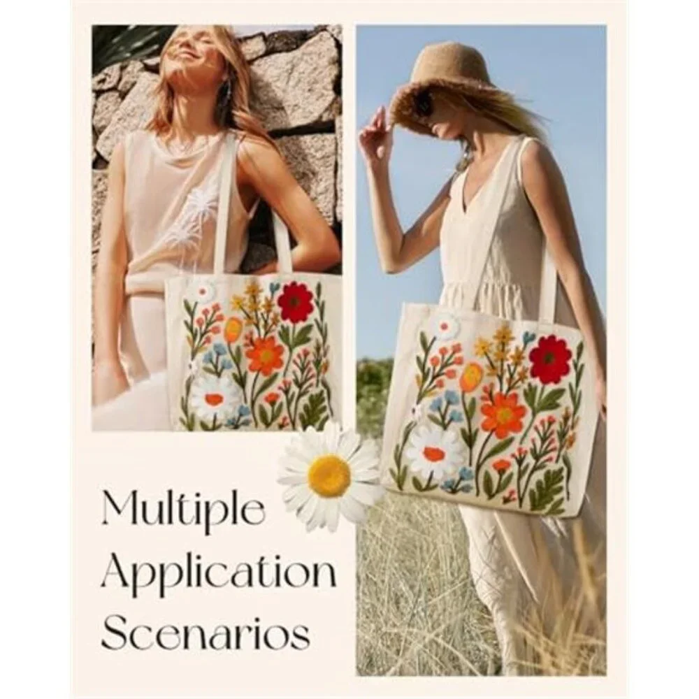 BEAUTIFUL Green Living Colorful Blooms FLORAL EMBROIDERED Linen Canvas TOTE BAG
